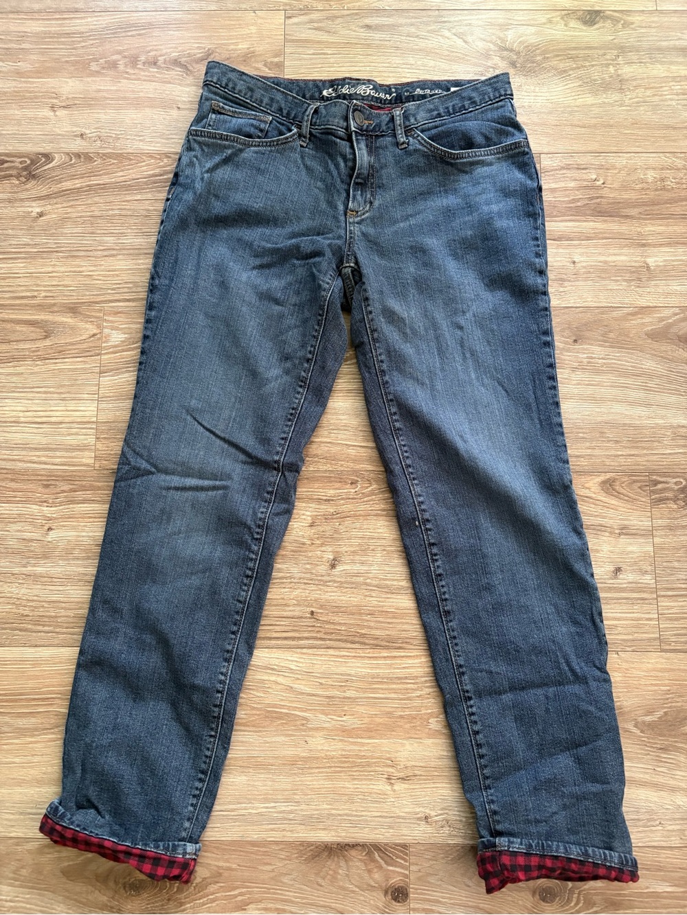Eddie Bauer Women's Dark Blue Boyfriend Jeans with Red Plaid lining